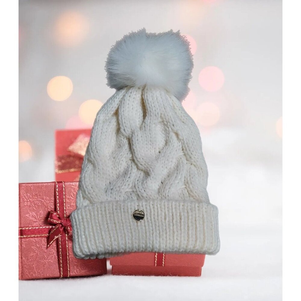 Express Fuzzy Pom Pom Beanie Cableknit Toboggan Hat Cream New With Tags - Picture 1 of 11